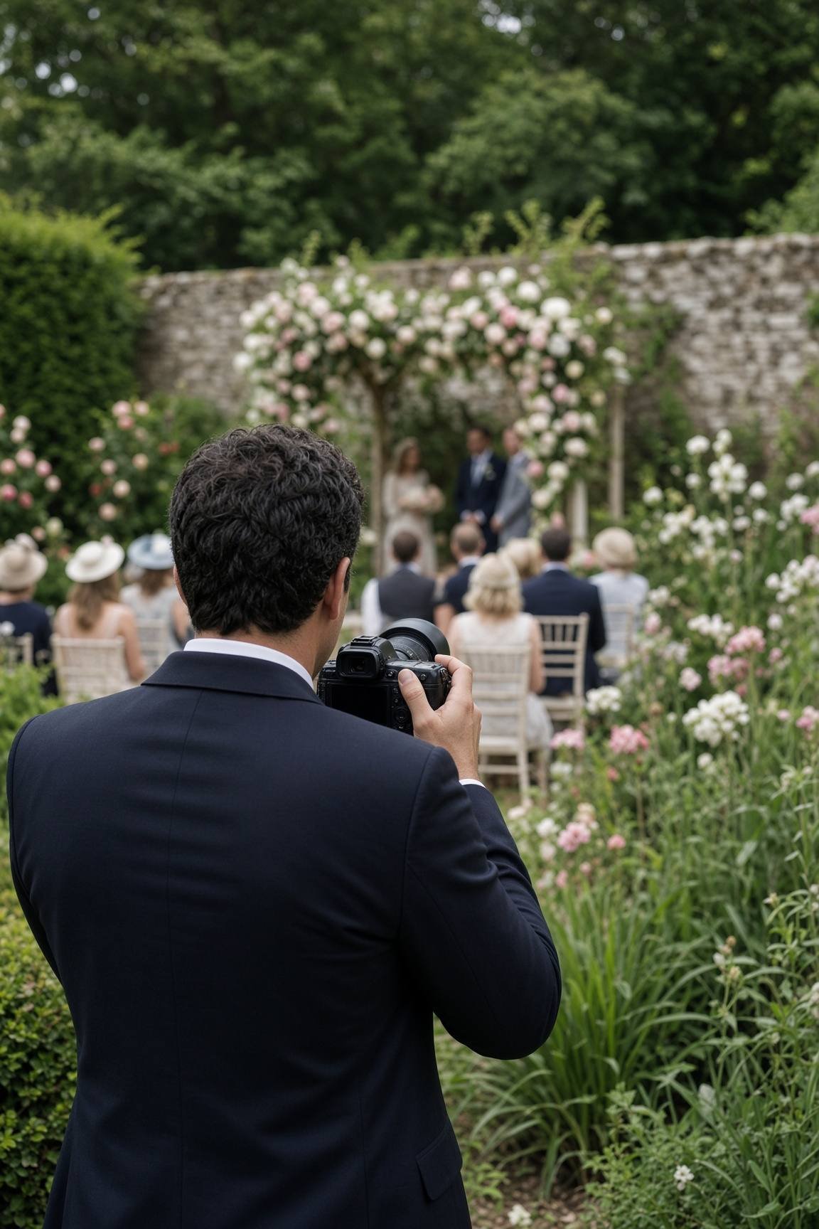 Carl photographing a wedding, seen from behind