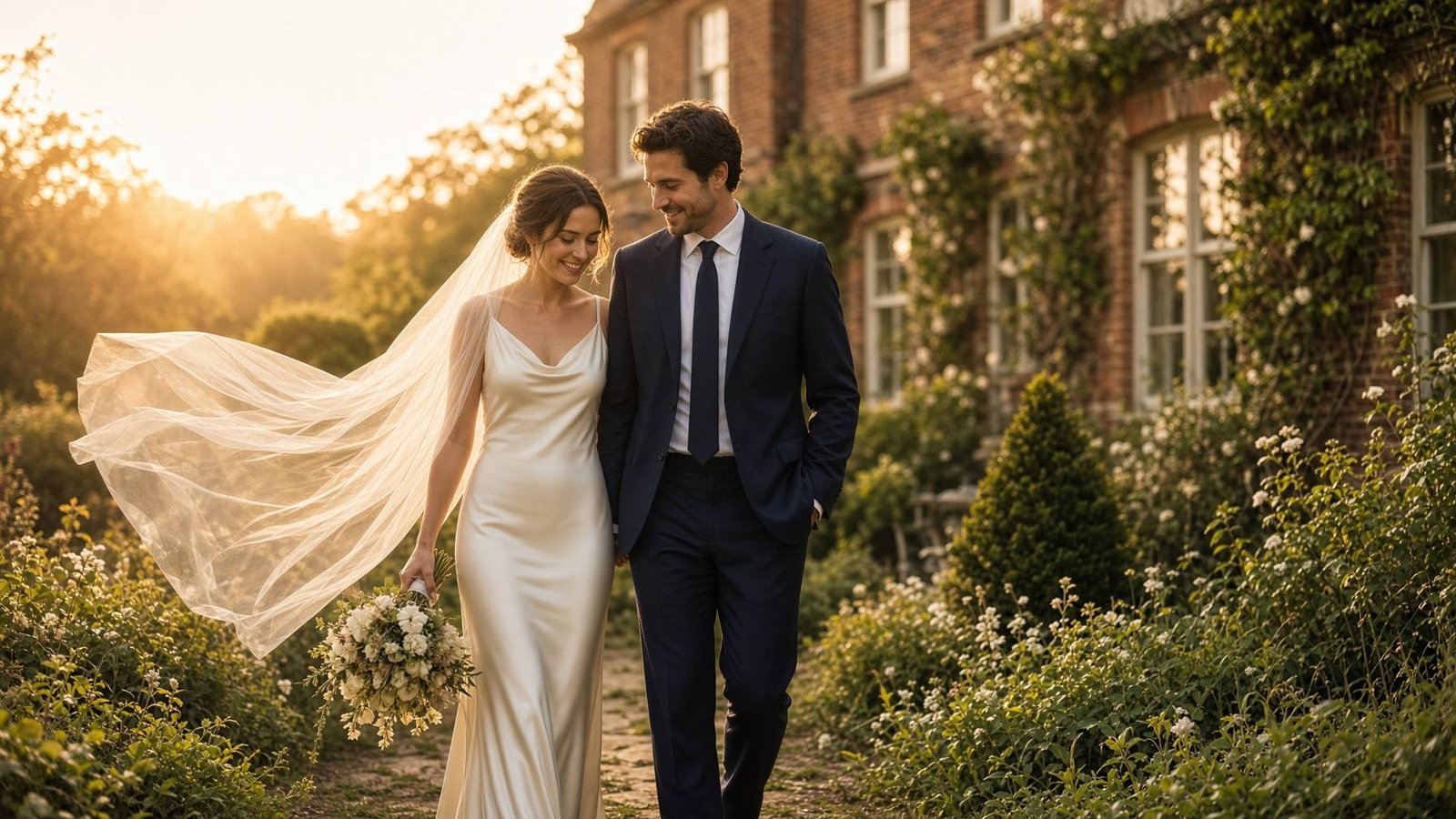 A newly married couple walking through an English country garden at golden hour